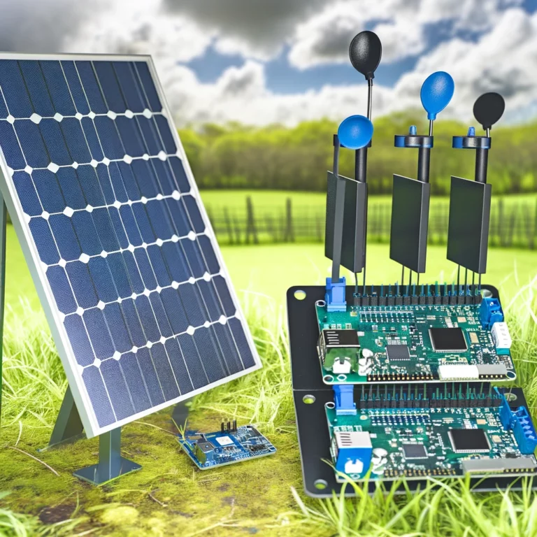 DALL·E 2024-03-13 16.44.52 - An advanced IoT solar-powered weather station using ESP32 boards, set in a grassy outdoor environment